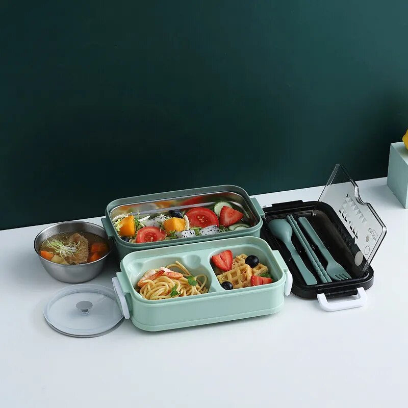 Lunch Box Food Storage Box 3 Layers Grids Student Office Worker Microwave Bento Box Outdoor Picnic Container with Fork Spoon