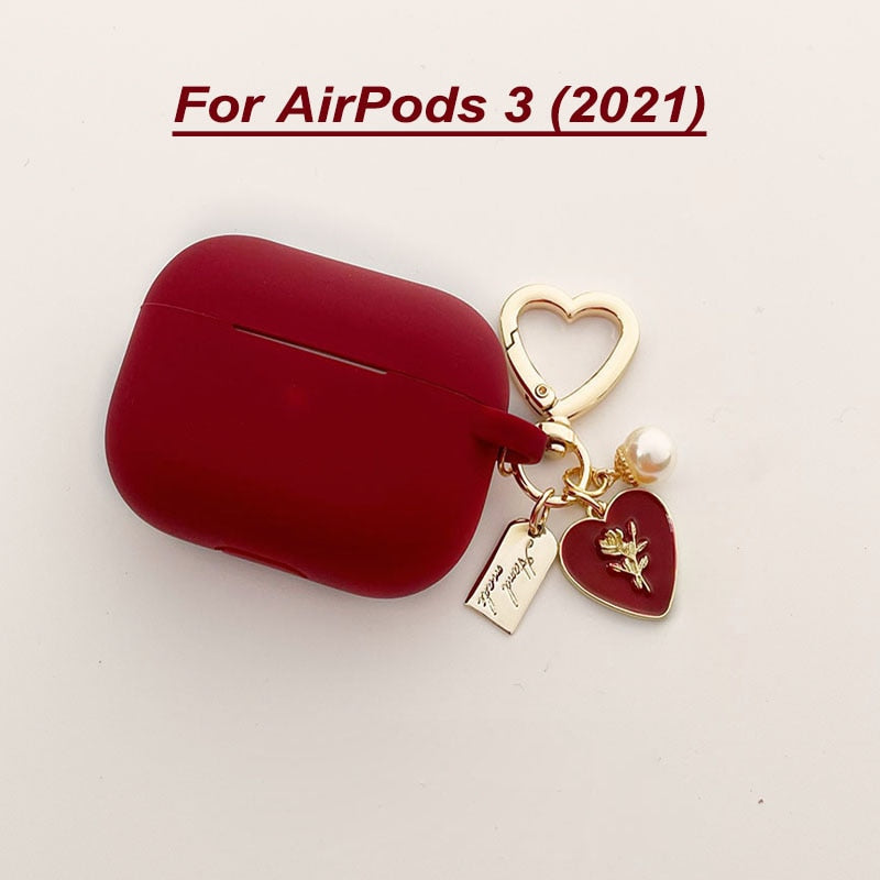 Vintage Roses Pearl Keychain Wine Red Silicone Earphone Case For Airpods