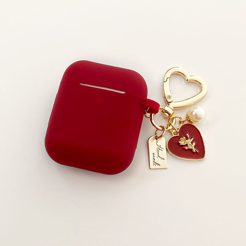 Vintage Roses Pearl Keychain Wine Red Silicone Earphone Case For Airpods
